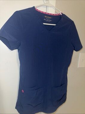 HeartSoul Navy Short Sleeve V-Neck Scrub Top with Pink Trim
